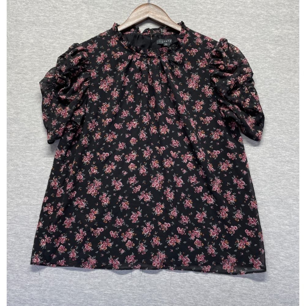 1. State Blouse Top Womens M Black Floral Print Smocked Puff Sleeve Ruffled Neck